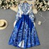 2023 Spring New Vacation Style V-neck Bubble Sleeve Printed Dress for Women, French Retro Grand Swing Knee length Skirt