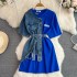 Retro Hong Kong style temperament, waist cinched with waist belt, round neck color blocked denim shirt, spring new chic casual mid length top