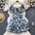 Summer new light luxury palace oil painting, French printing, high-end design, niche girl short waist dress