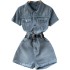 Workwear one-piece denim suit, women's short summer outfit, 2022 new style, fashionable high waisted wide leg shorts