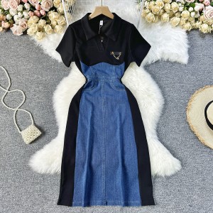 Salt style dress with a light and mature style temperament, women's casual and fashionable mid to long length slim fit fake two-piece spliced long skirt