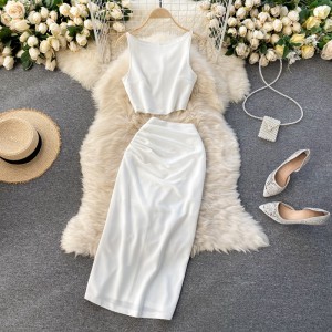 High Cold Queen Internet Celebrity Set Solid Color Round Neck Tank Top Short Top High Waist Bag Hip Middle Long Dress Two Piece Set for Women