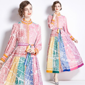 Real time spot spring clothing new ethnic style retro stand up collar lantern sleeves color blocked printed dress