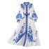 Spring new palace style blue and white porcelain printed stand up collar single breasted dress with elegant temperament and large swing long skirt