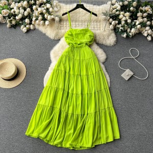 2023 new women's summer dress with hollowed out backless design, slim fit, long suspender, beach dress for seaside vacation