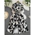 French style socialite print dress 2024 summer new item niche design waist cinching slimming mid length skirt