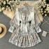 Spring and Autumn Period Fake Palace Style Medium length Stand up Collar Single breasted Lantern Sleeve Waist French pleated Printed Dress