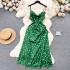 French high-end satin camisole dress for women's new design sense, drawstring tied high waist slimming polka dot dress