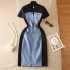 2023 Internet celebrity new niche round neck short sleeved patchwork denim dress for women with a high-end feel, waist cinching fake two-piece long dress