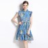 Real time spot new summer high-end mushroom collar with lotus leaf sleeves, waist cinching printed short dress