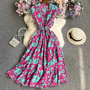 French sweet and gentle style V-neck floral chiffon dress, women's summer waist cinching temperament, slimming vacation style fairy dress