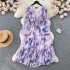 French dress women's 2023 new elastic waistband tie dye ruffled lantern sleeves floral chiffon holiday skirt