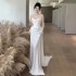 French strapless light wedding dress 2024 new bride simple satin high-end feeling outdoor veil fish tail white dress