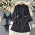 Pure Desire Style Pajama Set Women's Lace Strap High Fork jumpsuit+Long Bat Sleeve cardigan shawl two-piece set