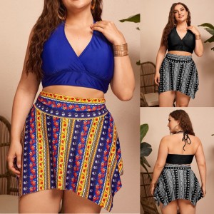 2022 new Amazon cross-border three piece set plus size bikini gathers sexy backless printed short skirt swimsuit for women