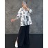 Spot European and American women's clothing 2024 new casual long sleeved printed shirt high waist slit wide leg pants set