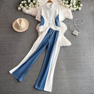 Chic Hong Kong style set, women's design style short sleeved T-shirt, spliced denim top+high waisted casual straight leg pants two-piece set