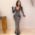 X5002 Cross border European and American New Product Nightclub Sexy Hot Stamped Diamond Inlaid Perspective Mesh Shining Women's Dress Long Dress