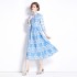 Real shot vintage blue and white porcelain printed stand up collar lantern sleeves palace waist cinching long skirt dress in stock