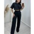 European and American Cross border Spot 2024 New Fashion Cotton and Hemp Short Top, High Waist and Wide Leg Suit Pants, Women's Set