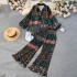 European and American fashion personalized printed suit women's lazy irregular lantern sleeve shirt+pleated wide leg pants two-piece set