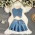 American style spicy girl denim suit pure desire style chain sling strapless denim top+high waisted A-line ruffled skirt