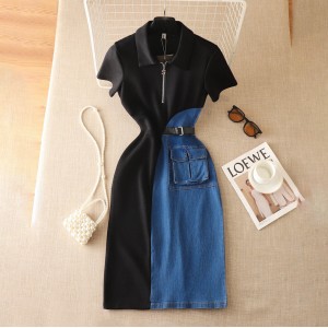 Chic Hong Kong style retro denim skirt with women's design sense, contrasting color splicing, slim fit, medium length, short sleeved temperament dress