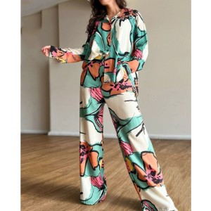 Cross border Europe and America 2023 new style women's clothing plus size printed commuter shirt high waist wide leg pants in stock set