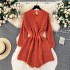 Korean chic fashionable knitted jumpsuit for women in autumn and winter, with a design sense of hollow out round neck and waist cinched sweater shorts