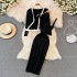 Fashionable V-neck long sleeved knitted top shawl cardigan two-piece set, medium to long, tight fitting elastic hip hugging dress