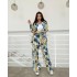 European and American spot 2024 new fashionable printed plus size loose top, high waist wide leg pants, women's casual set