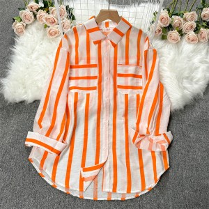 2024 Spring New Medium to Long Vertical Striped Shirt Jacket for Women, Korean Edition, Casual Loose Collar, Versatile Top, Trendy