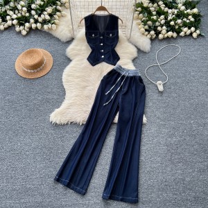 Haute Couture Women's Summer Dress Design V-neck Sleeveless Single breasted Top Women's Two Piece Set Casual Wide Leg Pants