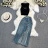 Fashion set for female hot girls, hanging neck, off shoulder, slim fit vest, two-piece set, high waist, medium length, split denim skirt