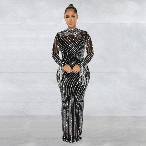 C6266 AliExpress Amazon European and American Fashion Women's Wear Mesh Perspective Hot Diamond Long Sleeve Long Skirt Inner Two Piece Set