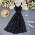 2023 new design sense careful machine V-neck backless retro solid color waist slimming long skirt women's dress