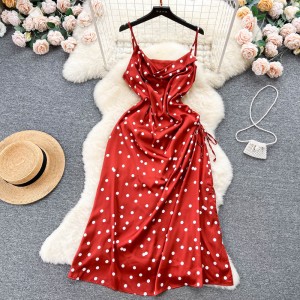 French high-end satin camisole dress for women's new design sense, drawstring tied high waist slimming polka dot dress