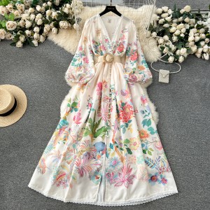 French court style dress, women's sweet lace lace lace V-neck buckle slim fit long design, printed dress