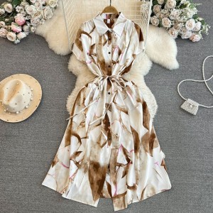 2023 Summer Korean style socialite temperament short sleeved lapel waist cinching slimming single breasted A-line printed shirt dress