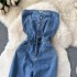 Spring and summer new retro style sexy slimming single breasted denim strapless jumpsuit with feminine temperament wide leg denim pants