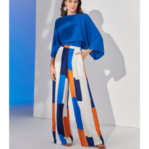 Spot European and American Cross border Women's Clothing 2024 New Style Loose Commuting Blue Top High Waist Wide Leg Pants Set