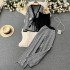 European and American style printed casual suit women's shawl jacket+V-neck base knit sweater+wide leg pants three piece set