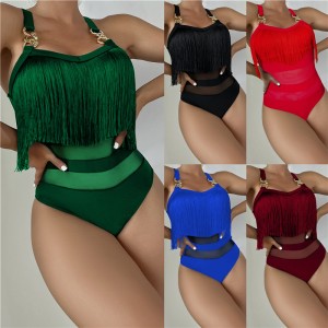 2024 new European and American tassel suspender hollow swimsuit sexy gathering bikini multi-color chain one-piece swimsuit for women