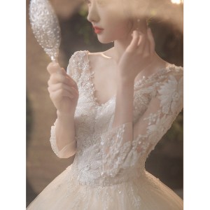 French Wedding Dress 2024 New Bridal Tail Style Forest style Dreamy Super Fairy Starry Sky Pregnant Long Sleeve Large Size Dress