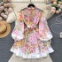 Floral series French court style dress, Western style bubble sleeves, buckle slim fit short A-line skirt, temperament dress