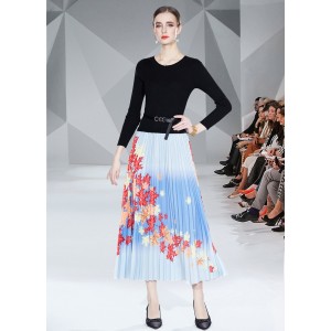 Real time spot French socialite temperament long sleeved knitted patchwork printed skirt high waist slimming dress special offer