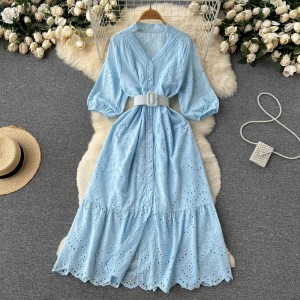 Gentle style hollow V-neck bubble sleeve dress for summer 2022, new fashionable temperament, waist cinched fairy long skirt