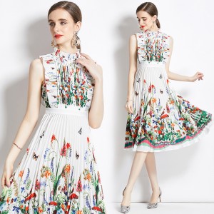 Real time spot new French style elegant socialite style high waist slimming positioning printed pleated dress