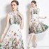 Real time spot new French style elegant socialite style high waist slimming positioning printed pleated dress