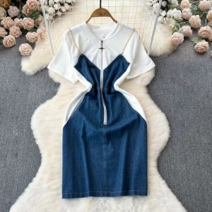 Korean style outfit design sense fake two short sleeved contrasting splicing denim camisole skirt zipper slim fit short dress